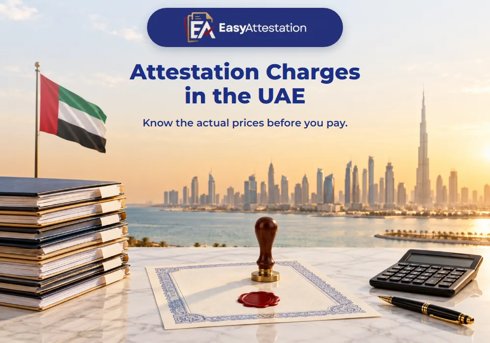 Attestation charges in the UAE: a stack of document files, a certificate with a wax seal and stamp, and a calculator, with the UAE flag and Dubai skyline behind