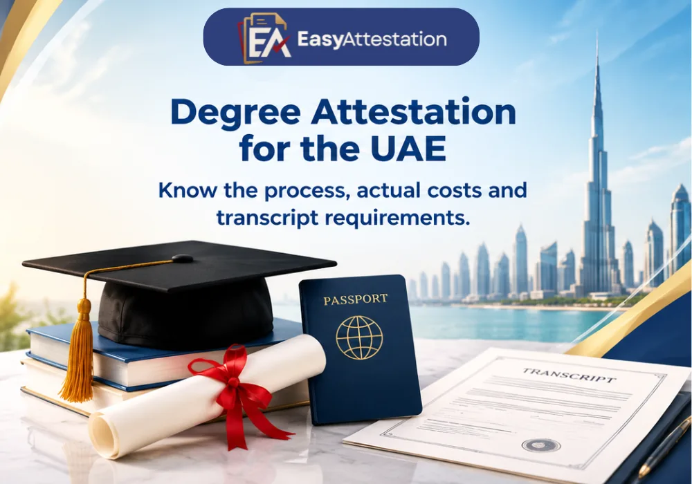 Degree attestation for the UAE: graduation cap, rolled degree, passport and transcript with the Dubai skyline behind