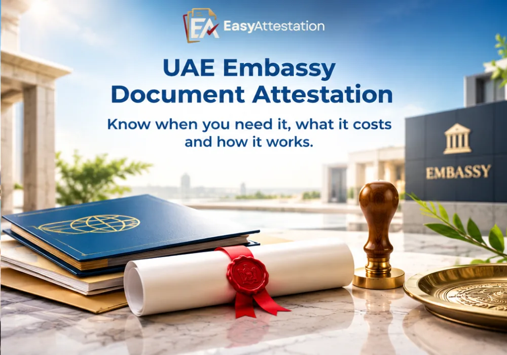 UAE embassy document attestation: passport, sealed certificate and attestation stamp beside an embassy building