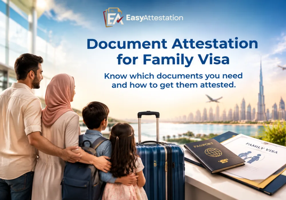 Document attestation for a UAE family visa: a family with luggage looking out at the Dubai skyline, beside passports and a family visa form