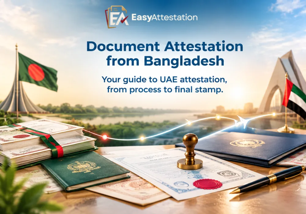 Document attestation from Bangladesh: Bangladesh and UAE flags above certificates, a passport and an attestation stamp