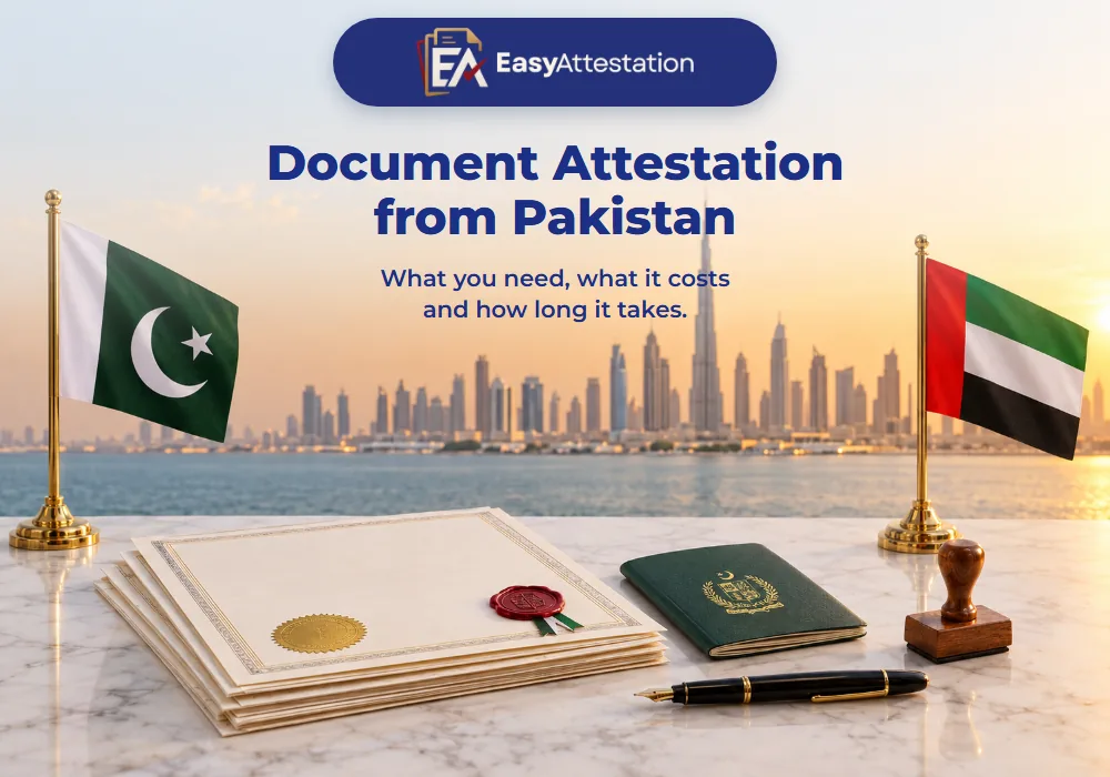 Document attestation from Pakistan: Pakistan and UAE desk flags beside sealed certificates, a green Pakistani passport and an attestation stamp, with the Dubai skyline behind