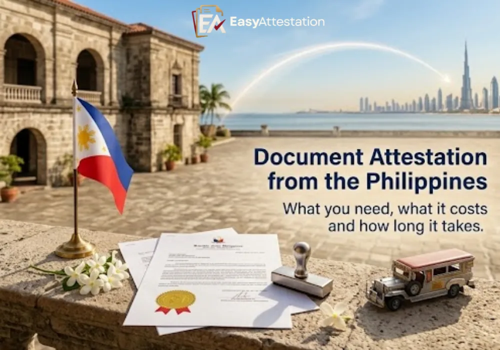 Document attestation from the Philippines: Philippine flag, attested documents and a stamp, with the Dubai skyline in the distance
