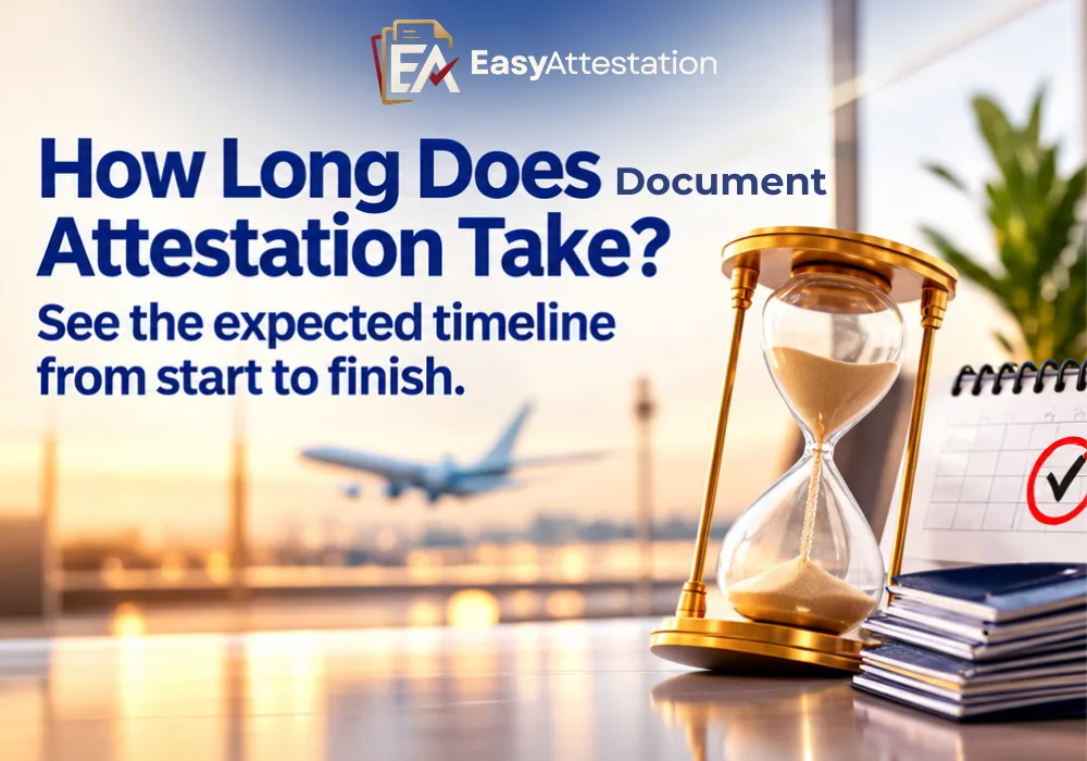 How long document attestation takes: an hourglass, calendar and passports with an aircraft over the Dubai skyline