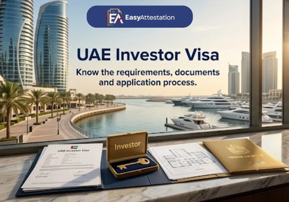 UAE investor visa: investor visa application, trade licence and office key on a desk overlooking Dubai Marina
