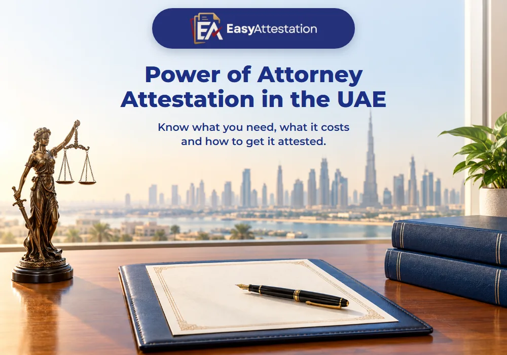 Power of attorney attestation in the UAE: a legal document and fountain pen on a leather folder beside law books and a Lady Justice statue, with the Dubai skyline behind