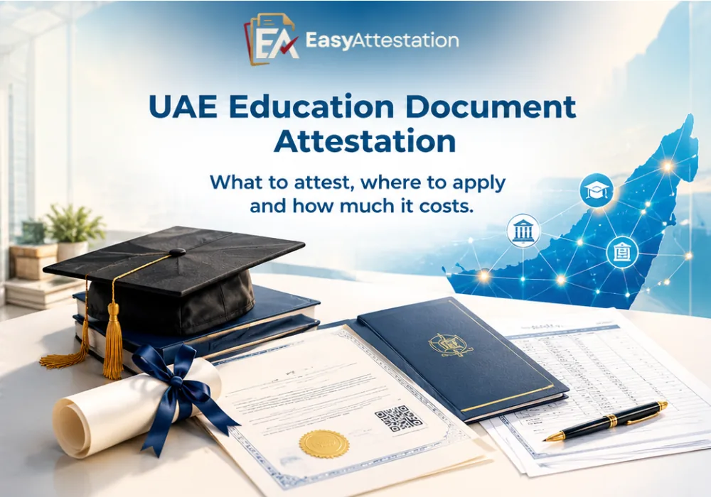 UAE education document attestation: graduation cap, diploma, transcript and passport beside a map of the UAE