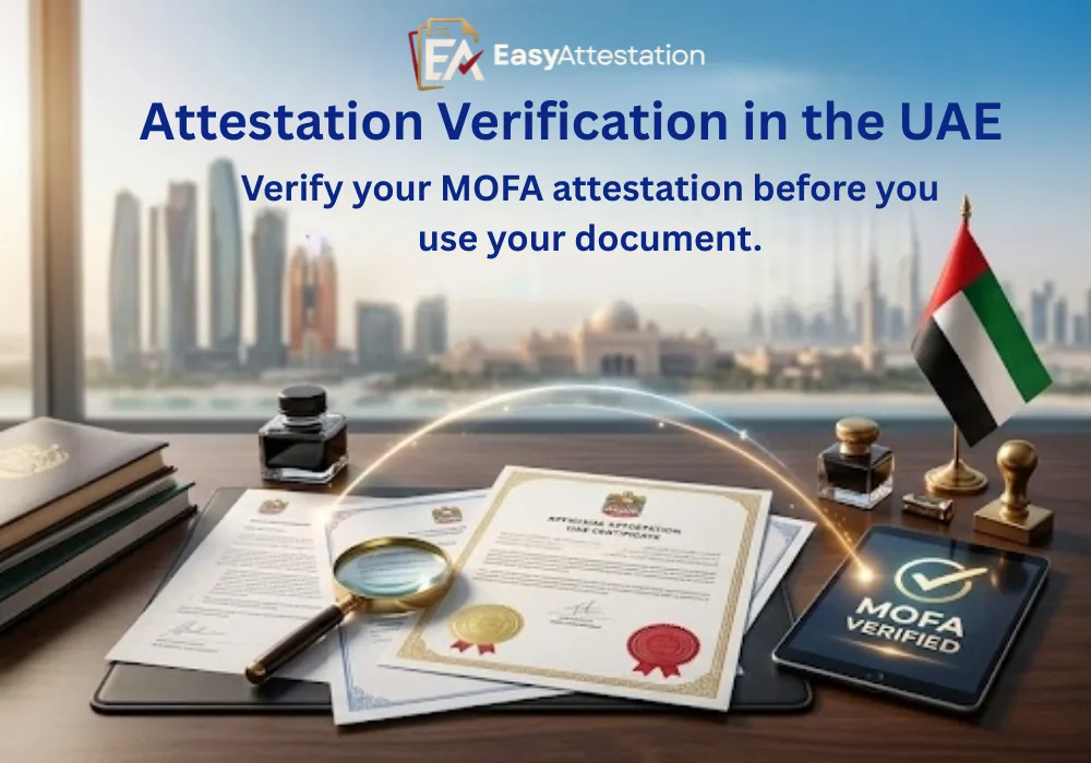 Attestation verification in the UAE: an attested certificate under a magnifying glass beside a tablet showing MoFA verified